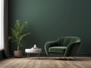 Green Velvet Armchair with Side Table and Plant in a Minimalist Living Room