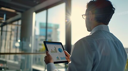 A businessman in a modern office setting, focused on his tablet displaying a sales data dashboard. The screen shows colorful charts, graphs, and financial reports, indicating business growth and mark