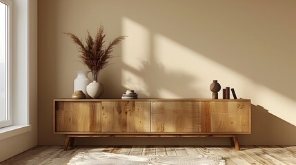 Minimalist Wooden Sideboard with Decorative Items in Tranquil Room with Blank Beige Wall