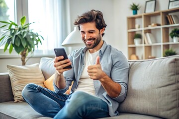 Happy man using smartphone on sofa.