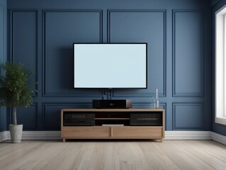 Flat-Screen Television Mounted Above Entertainment Center in a Blue Room