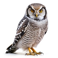 northern hawk owl full body portrait of a tawny owl looking at the camera, isolated on white background