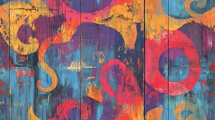 A vibrant abstract background featuring colorful swirls and patterns on a wooden texture. The colors include bright reds, oranges, blues, and purples, creating a lively and artistic feel.