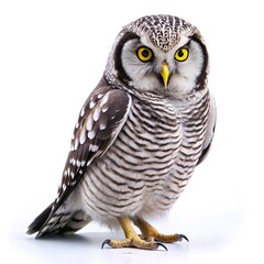 Obraz premium northern hawk owl full body portrait of a tawny owl looking at the camera, isolated on white background