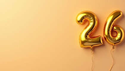 Banner with number 26 golden balloon with copy space. Twenty-sixth birthday celebration on a solid color background.
