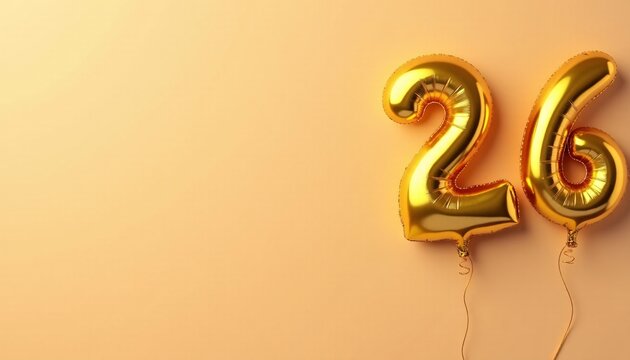 Banner with number 26 golden balloon with copy space. Twenty-sixth birthday celebration on a solid color background.