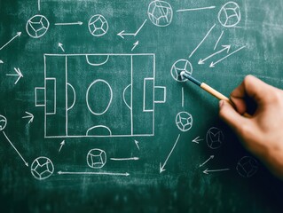 A coach illustrating a soccer strategy on a chalkboard, showcasing player movements and game tactics.