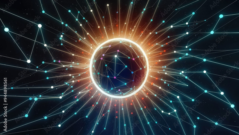 Poster  Low Poly Abstract Background with Connecting Dots and Lines in Dark Space - 3D Rendering