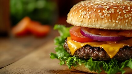 Close up image showcasing a delectable gourmet cheeseburger with crisp lettuce juicy tomato and savory onion highlighting the premium ingredients and appetizing presentation