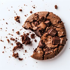 photograph of a chocolate cookie and crumbles on a clean white background