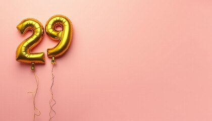 Banner with number 29 golden balloon with copy space. Twenty-ninth birthday celebration on a solid color background.