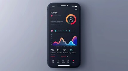 A digital health app interface on a smartphone, tracking a user's health data such as heart rate, sleep patterns, and fitness levels, with a clean, modern design.