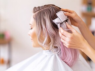 Fototapeta premium A hairstylist carefully clips hair to create a beautiful hairstyle for a client at a modern salon.