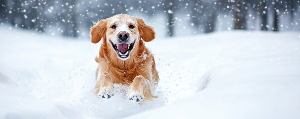 A joyful golden retriever running through the snow, showcasing the beauty of winter and the happiness of pets.
