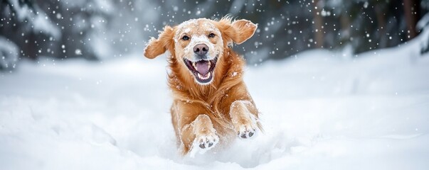 A joyful golden retriever runs through the snow, capturing the essence of winter fun and the happiness of playful moments.