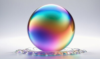 A large, iridescent soap bubble sits on a bed of smaller bubbles against a plain white background