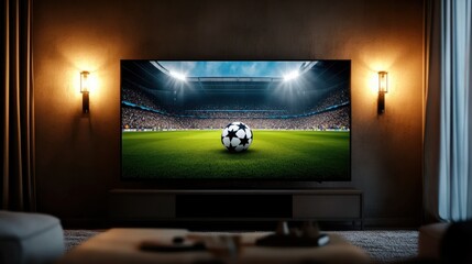 Fototapeta premium A modern living room showcasing a large TV displaying a soccer game, perfect for sports enthusiasts and home entertainment.
