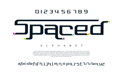 Spaced creative modern geometric urban alphabet font. Digital abstract futuristic, game, techno, robot, music, logo, sport, minimal technology typography. Simple numeric vector illustration