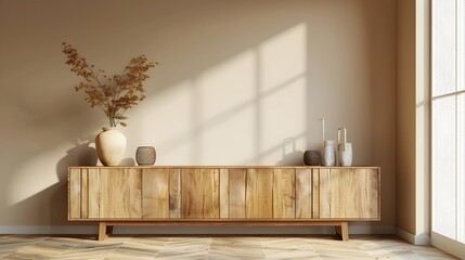 Minimalist Wooden Sideboard with Decorative Accents in Tranquil Beige Room Interior