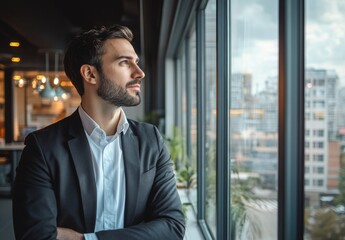 Fototapeta premium A businessman in a modern office, looking out of a window, with copy space on the left side