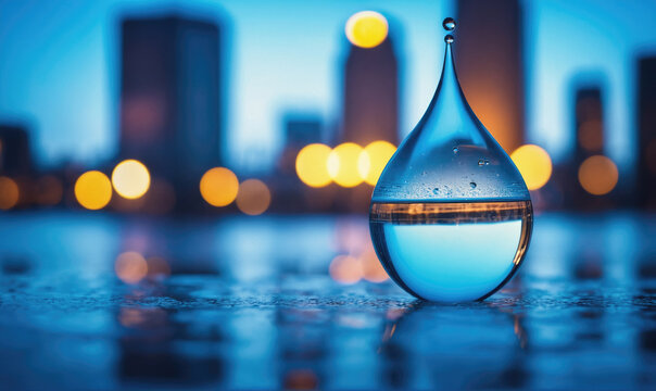 A glass teardrop filled with water sits on a wet surface in front of a city skyline at night - Powered by Adobe