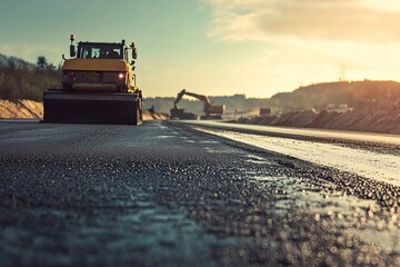 The road paving machine lays down fresh asphalt on a road leading to a construction site. Heavy machinery is visible