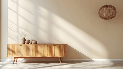 Minimalist Wooden Sideboard Decor in Serene Beige Room with Blank Wall