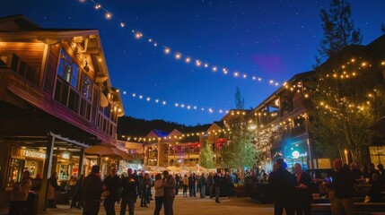 Nighttime Street Scene with People, Buildings, and String Lights