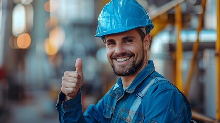 A smiling construction worker in a blue uniform