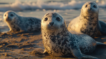 Seals from Beach Level in a Frontal View at Golden Hour, Capturing Detailed Features and Natural Setting