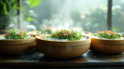 Steaming Bowls of Rice with Fresh Greens