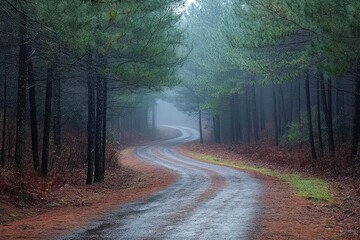 Obraz premium Foggy forest road surrounded by pine trees, eerie and atmospheric