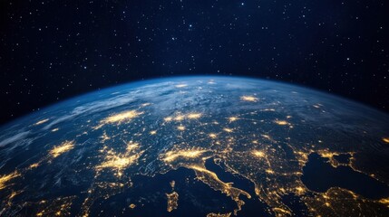 A stunning aerial view of Earth at night, showcasing city lights and the vastness of space, perfect for illustrating global perspectives.