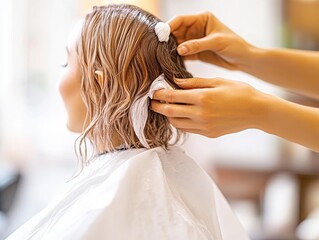 Naklejka premium A stylist carefully applies hair dye to a client's wavy hair, creating a vibrant new look in a modern salon setting.