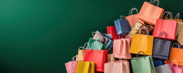 A vibrant collection of colorful shopping bags stacked against a green background, perfect for retail and fashion themes.
