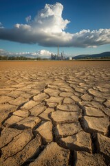Fototapeta premium Cracked earth leading to industrial plant under cloudy sky