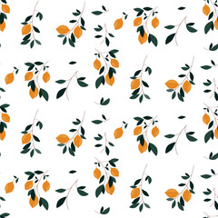 Seamless pattern painted with yellow lemons with green leaves.