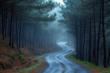 Obraz premium Foggy forest road surrounded by pine trees, eerie and atmospheric
