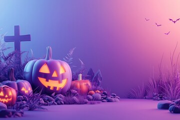 Spooky Halloween pumpkin Jack o' lantern with cross and bats in haunting foggy landscape