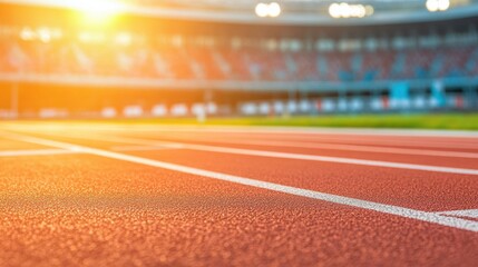 A vibrant view of a running track at sunset, highlighting the smooth surface and empty stadium, perfect for athletic-related themes.