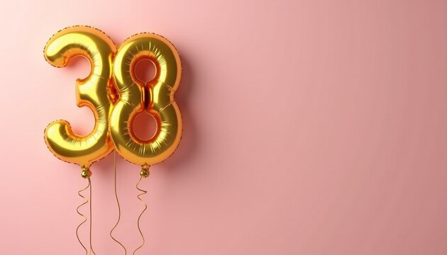 Banner with number 38 golden balloon with copy space. Thirty-eighth birthday celebration on a solid color background.