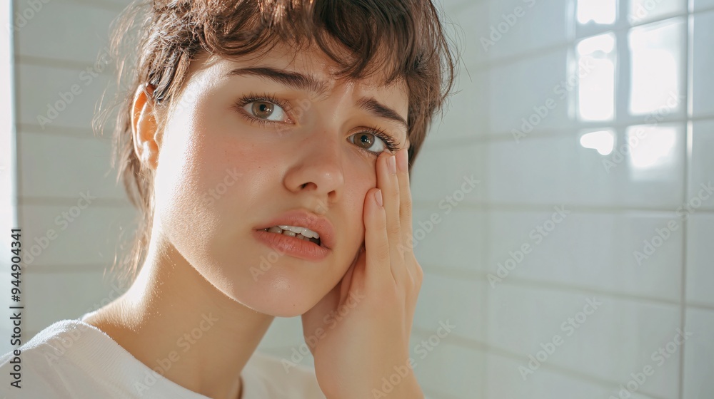 Wall mural 240805 193. A woman with swollen cheek in home bathroom. Buccal region affected due to trigeminal neuralgia and chronic teeth clenching longtime. Health and medical concept isolated on white