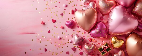 Pink and Gold Heart Balloons with Confetti on a Pink Background