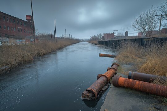 Rusty industrial pipes discharging pollution into river
