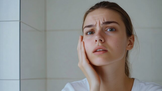 240805 193. A woman with swollen cheek in home bathroom. Buccal region affected due to trigeminal neuralgia and chronic teeth clenching longtime. Health and medical concept isolated on white