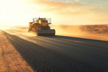 The road paving machine operates in a desert environment, laying asphalt under the intense midday sun. The heat creates