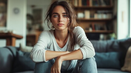 Young woman with thoughtful expression on couch, introspective portrait in cozy home library, millennial lifestyle scene, casual indoor contemplation
