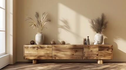 Minimalist Wooden Sideboard with Decorative Accessories in Beige Room Interior