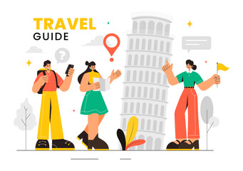 Travel Guide and Tour Vector Illustration Showing Interesting Places to a Group of Tourists for Vacation Planning in a Flat Style Cartoon Background
