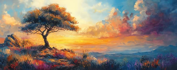Fotobehang Meloenkleur Vivid oil painting of a fantasy landscape in impasto style  © Nattapat
